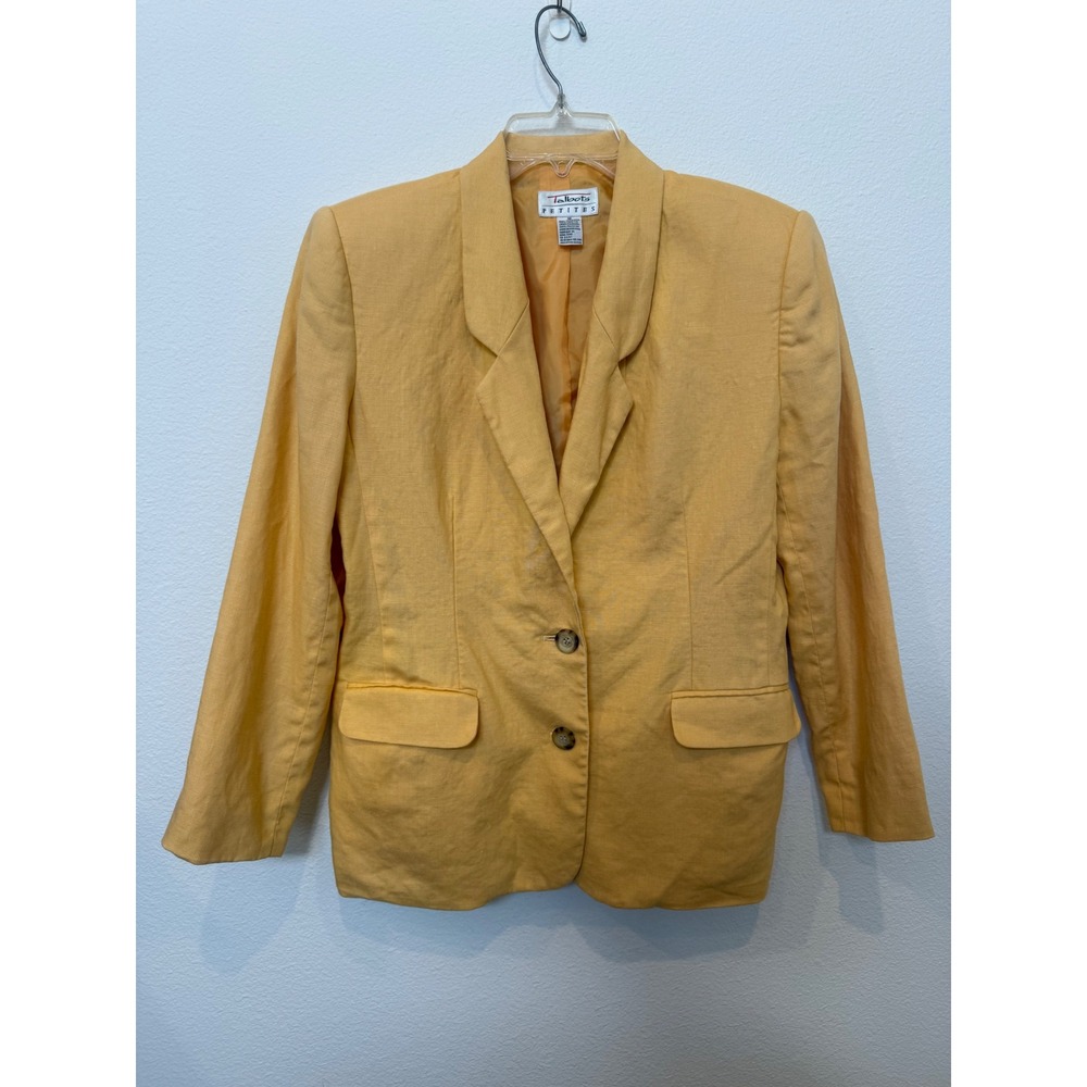 Talbots Petites Yellow 100% Linen Blazer Jacket Size 10P Vintage Two Button